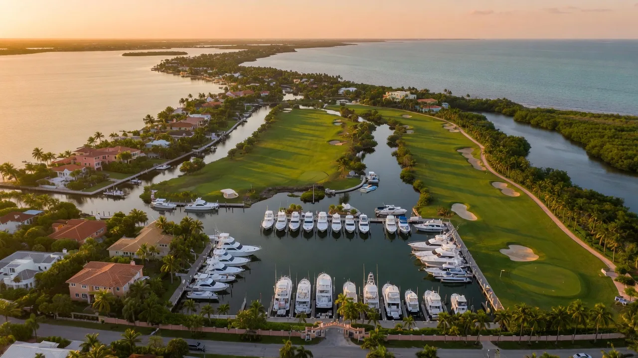 High aerial view at golden hour of a private gated residential club enclave at the northern tip of Key Largo between Biscayne Bay and the Atlantic Ocean, two championship golf courses, a marina basin filled with yachts, and coastal estate homes among tropical foliage