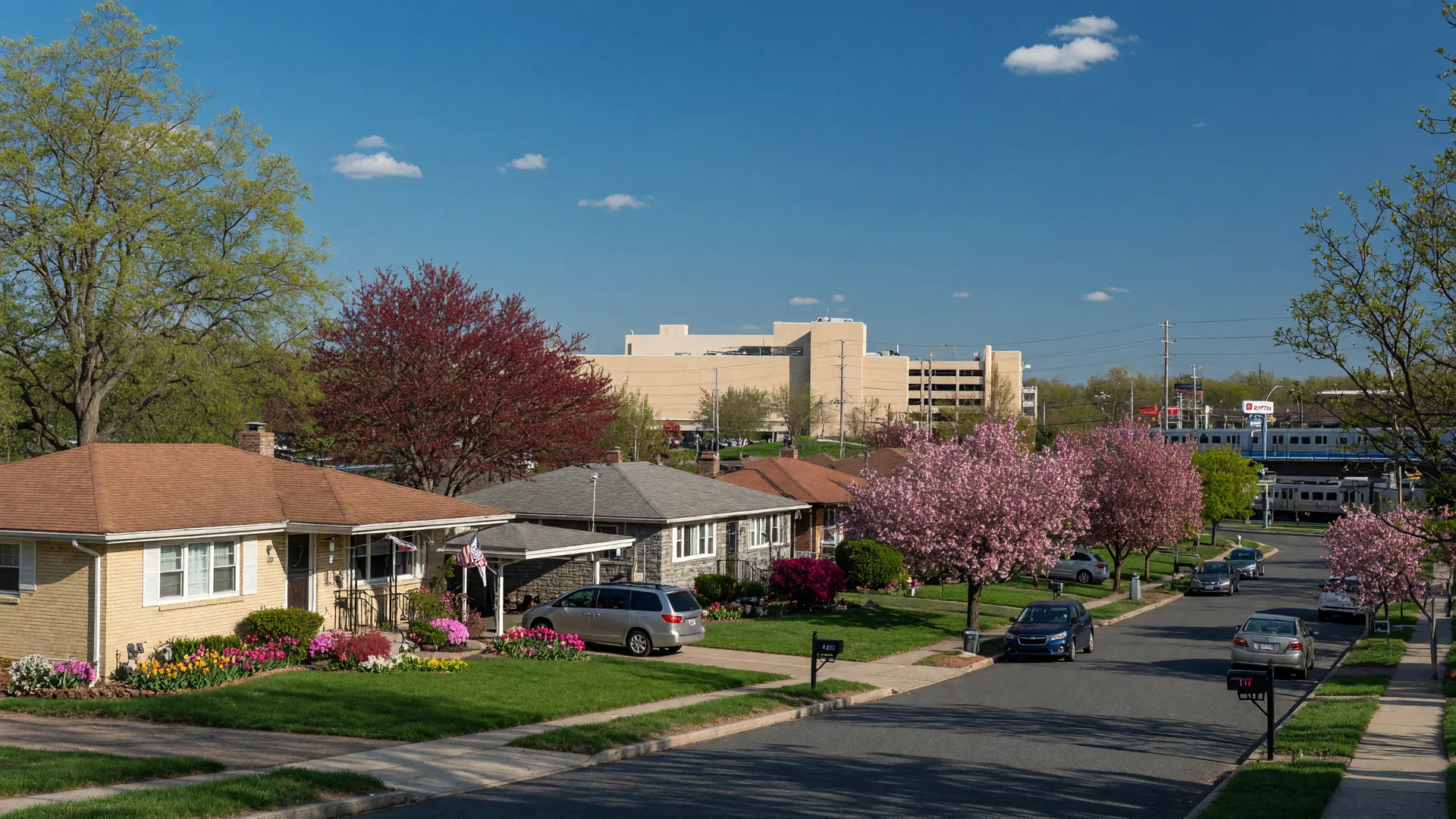 Tree-lined residential street in Cherry Hill NJ on a spring afternoon