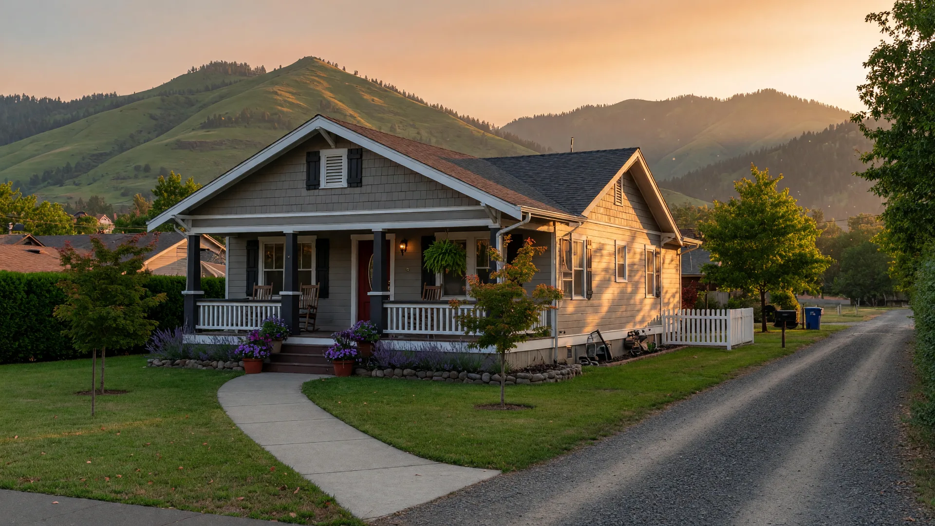 A single-story craftsman home with a covered front porch in the quiet Blackberry Lane pocket neighborhood of Grants Pass, Oregon, with Rogue Valley foothills in the distance