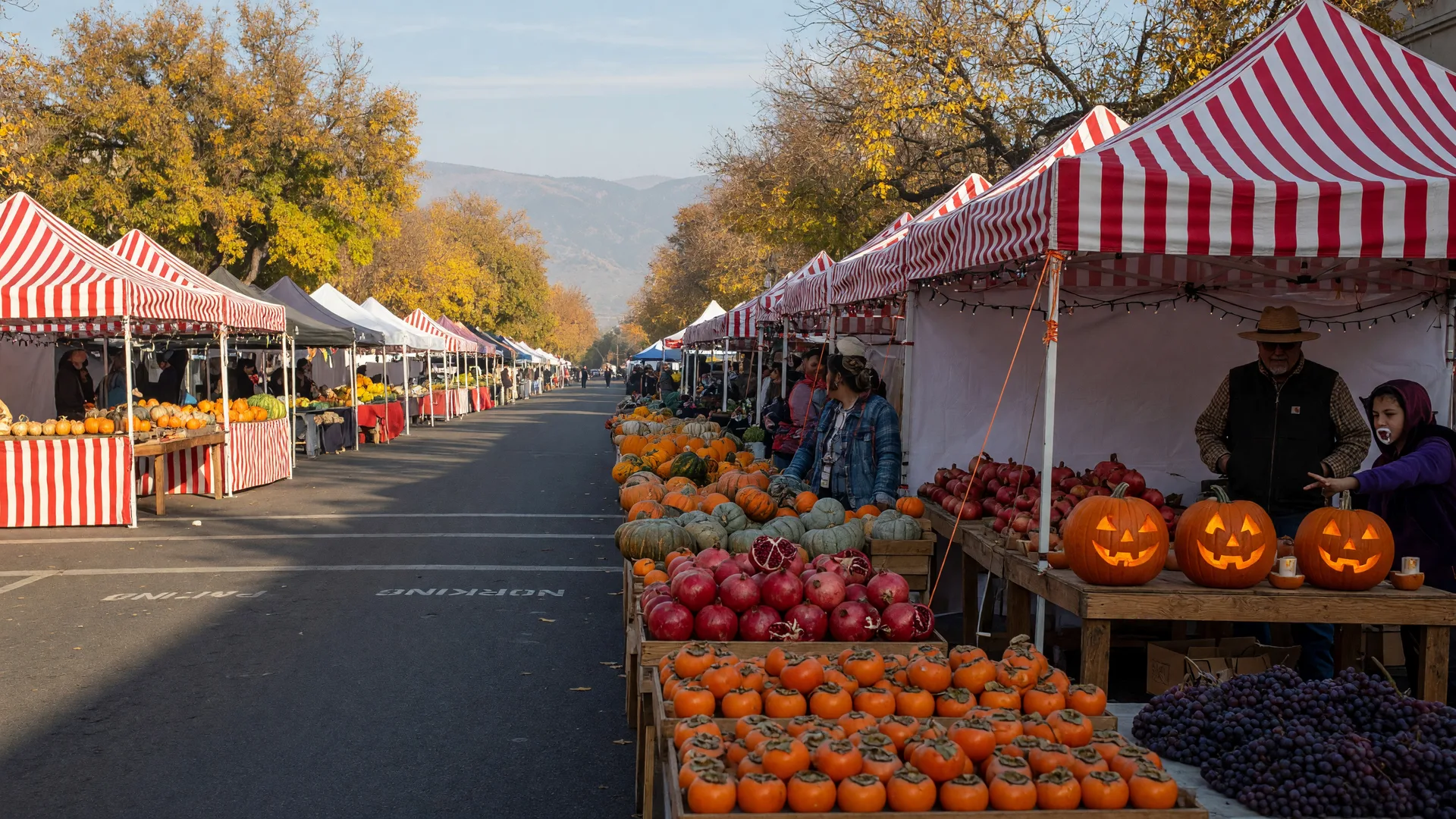 A Central Valley farmers market on a closed-off downtown street in Merced County on the last Saturday morning of October, red-and-white striped vendor tents, tables stacked with pumpkins, winter squash, persimmons, pomegranates, apples, and table grapes, carved pumpkins on a vendor's table, golden cottonwood trees turning amber behind the stands, and the hazy Sierra Nevada foothills on the horizon