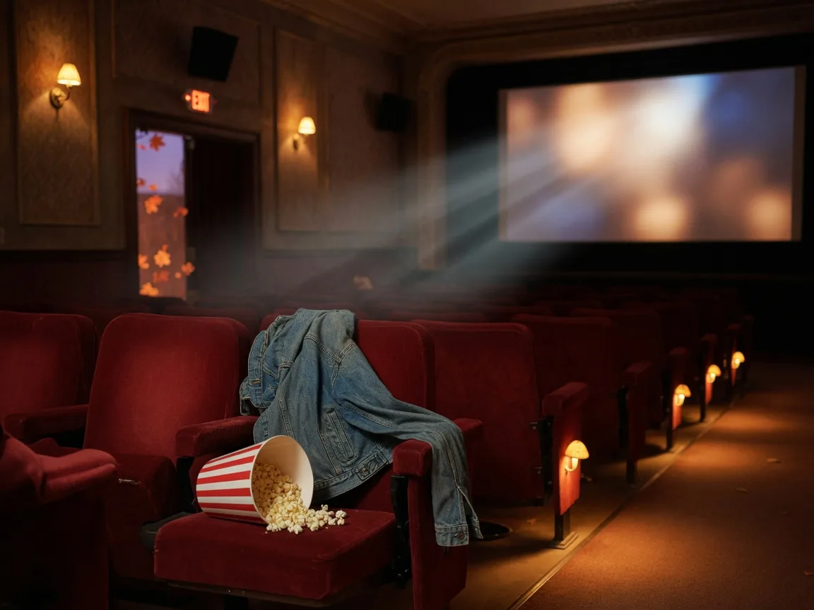 Plush red theater seats in a dark auditorium with a warm projector beam and a popcorn bucket, an autumn movie-night mood