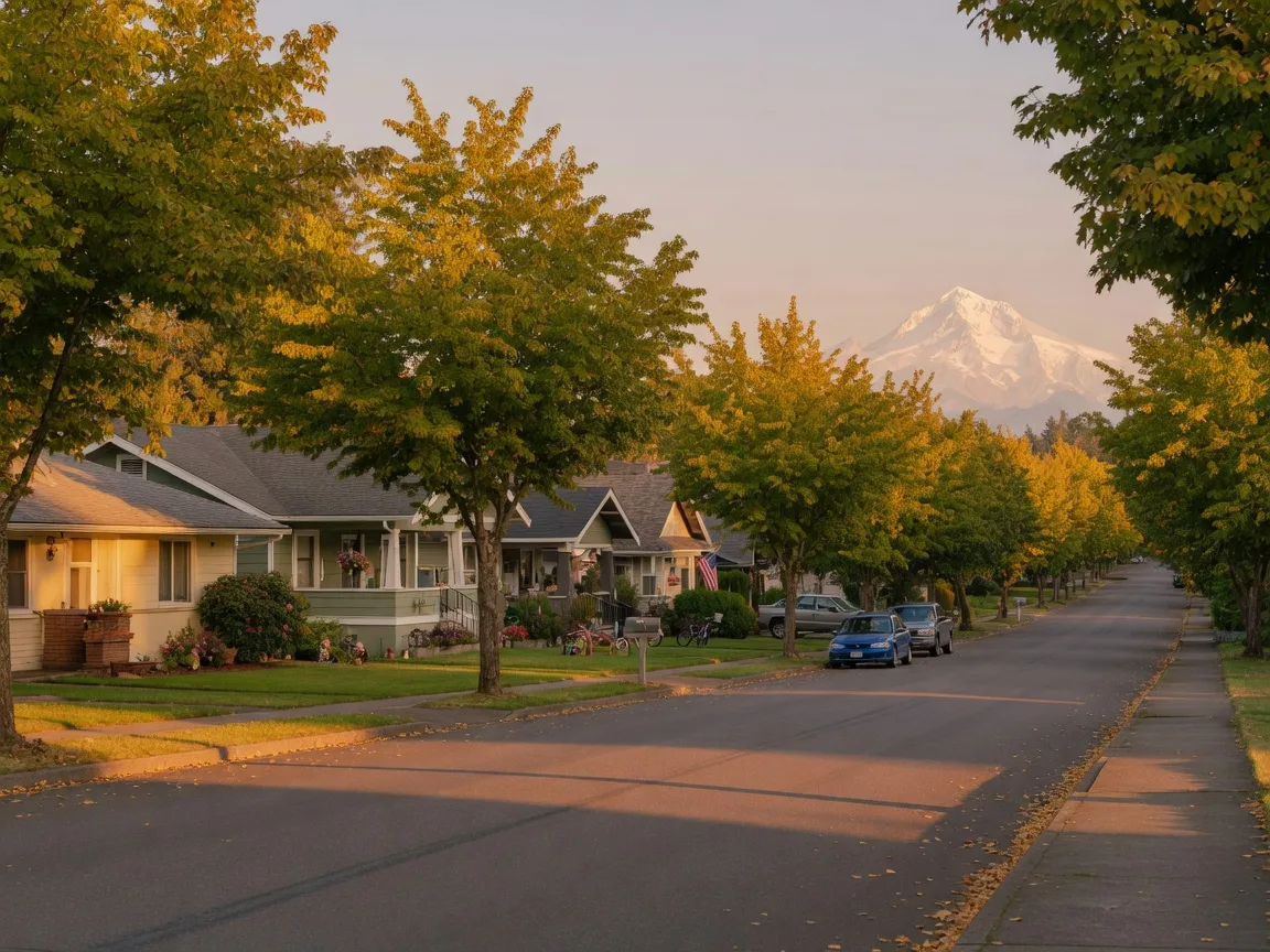A leafy Gresham residential street with mature maples and well-kept family homes in warm afternoon light