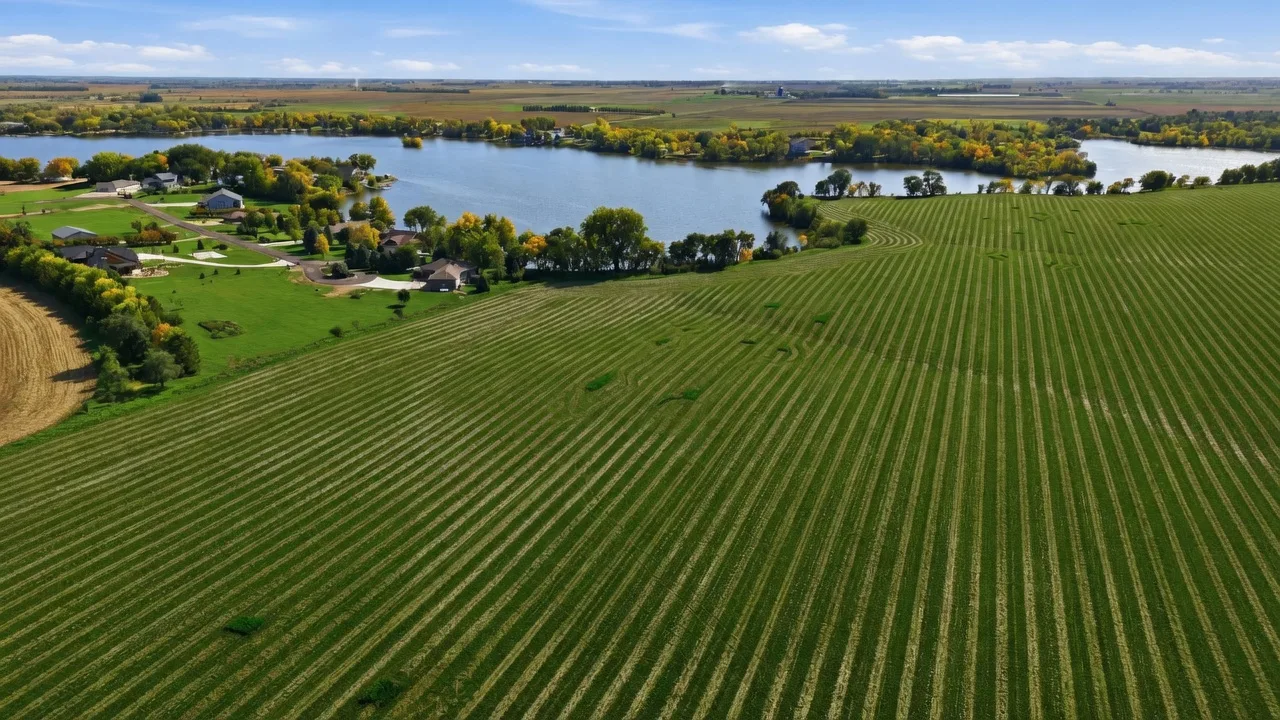 Aerial of the lakefront lot with agricultural fields beside Swan Lake