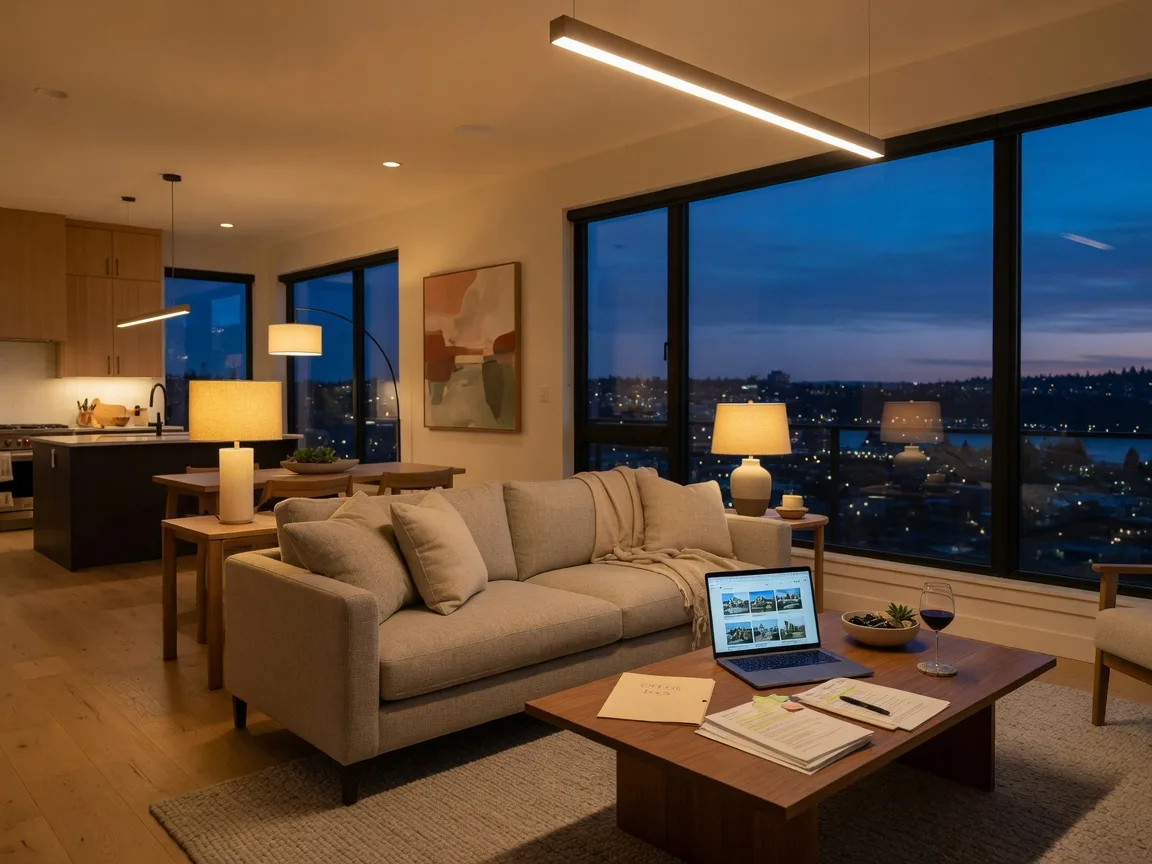Warm-lit modern living room at dusk with floor-to-ceiling windows