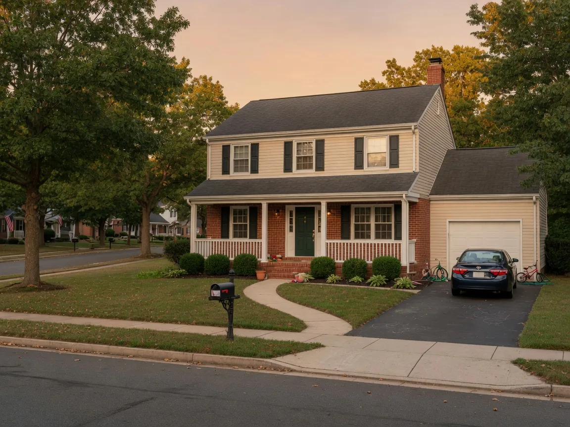 A brick and siding colonial home with a front porch on a quiet Northern Virginia street