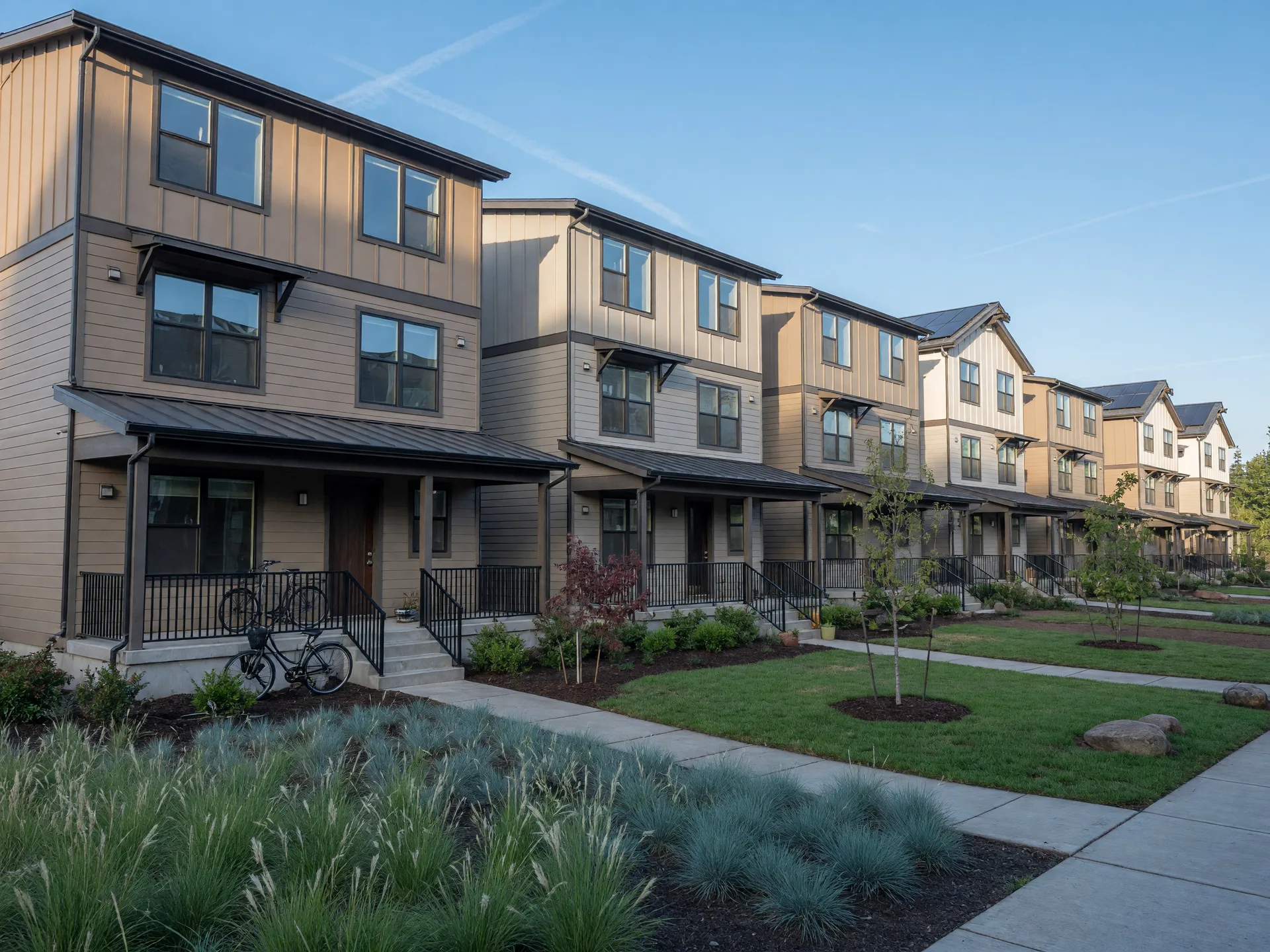 Modern townhome development in the Willamette Valley with covered porches and landscaping