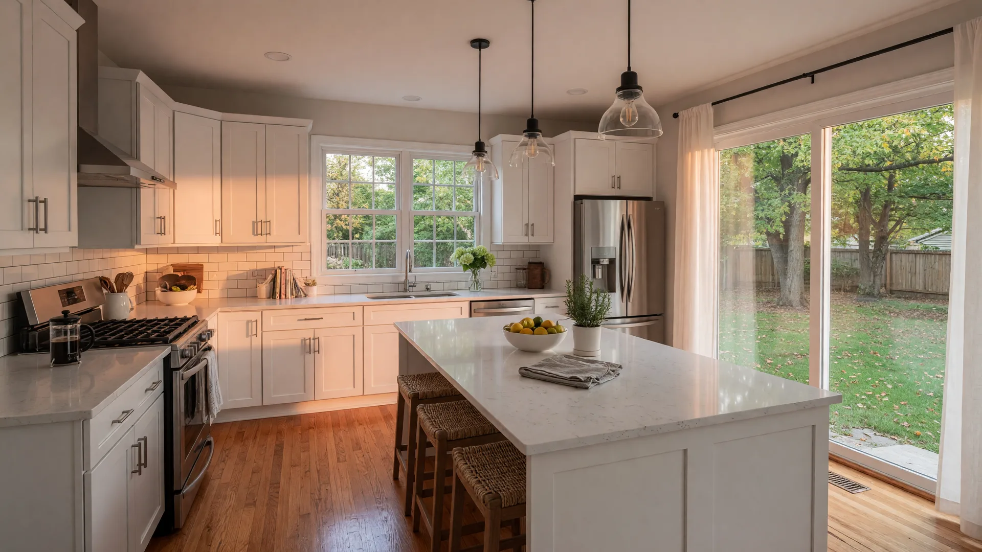 Beautifully renovated kitchen in a Northwest Indiana home with white shaker cabinets, quartz countertops, stainless steel appliances, and a large center island bathed in warm morning light