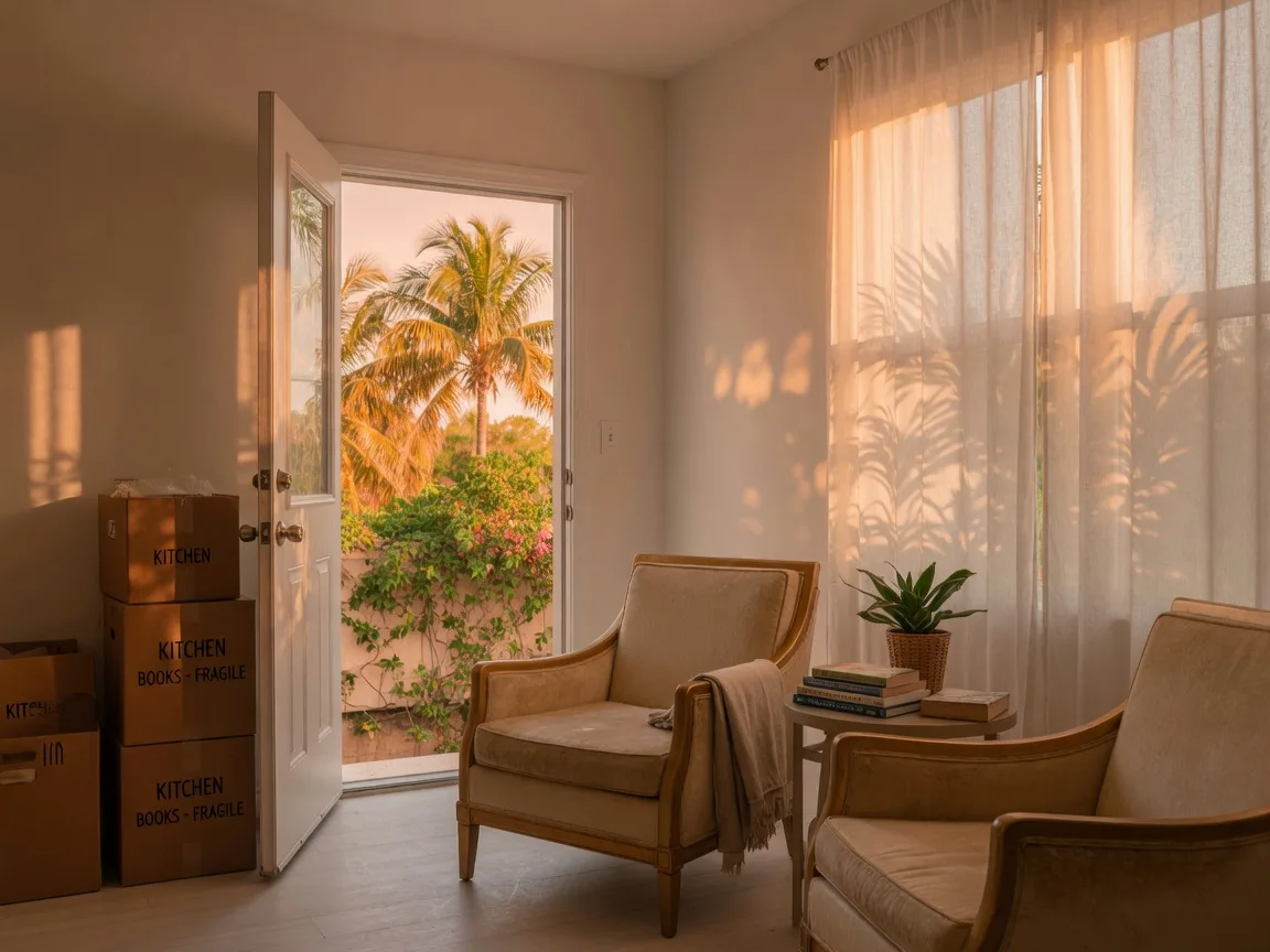 A bright, sunlit Florida living room with packed boxes near the door, gently ready for the move ahead