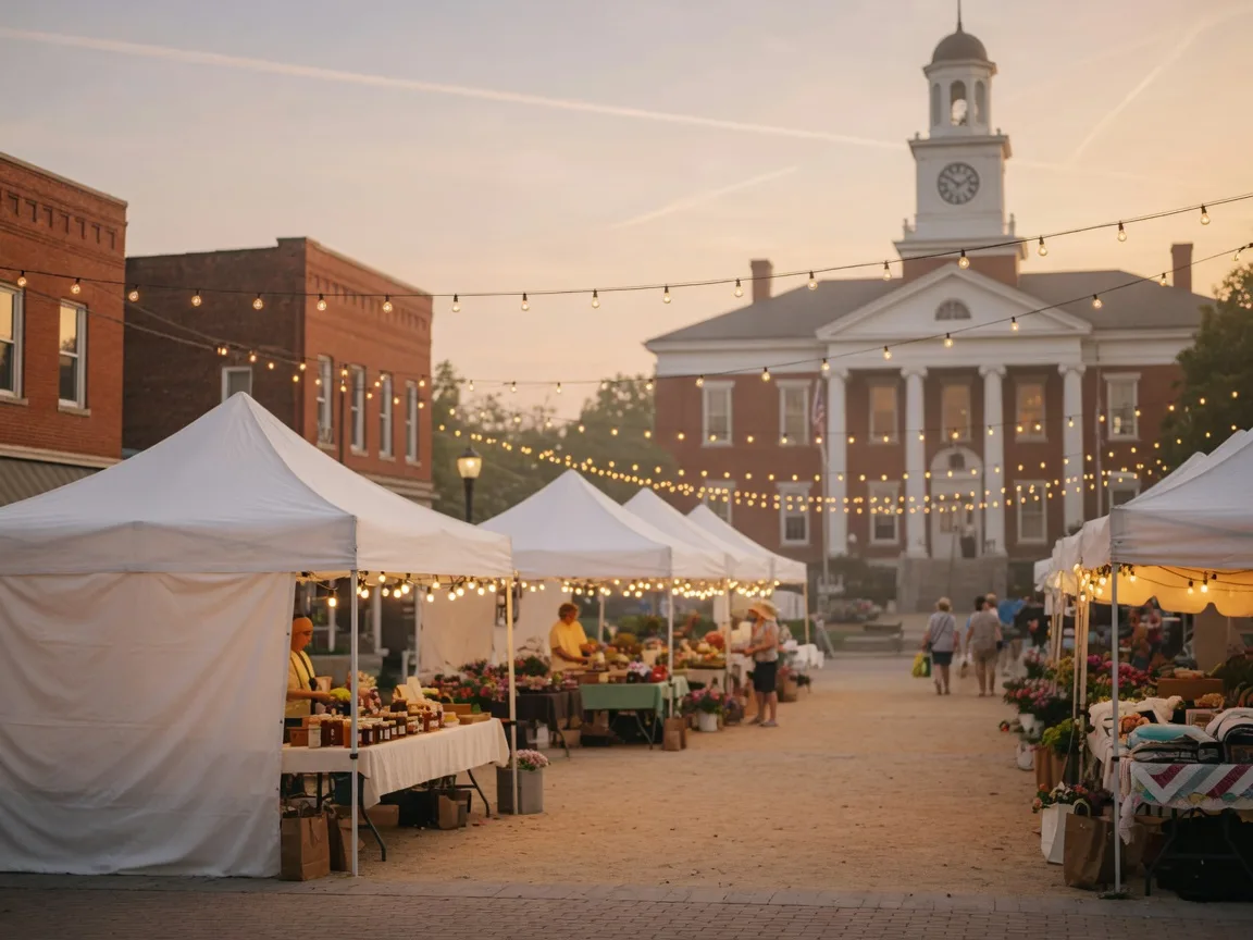 Market tents and string lights on a small-town square in the evening