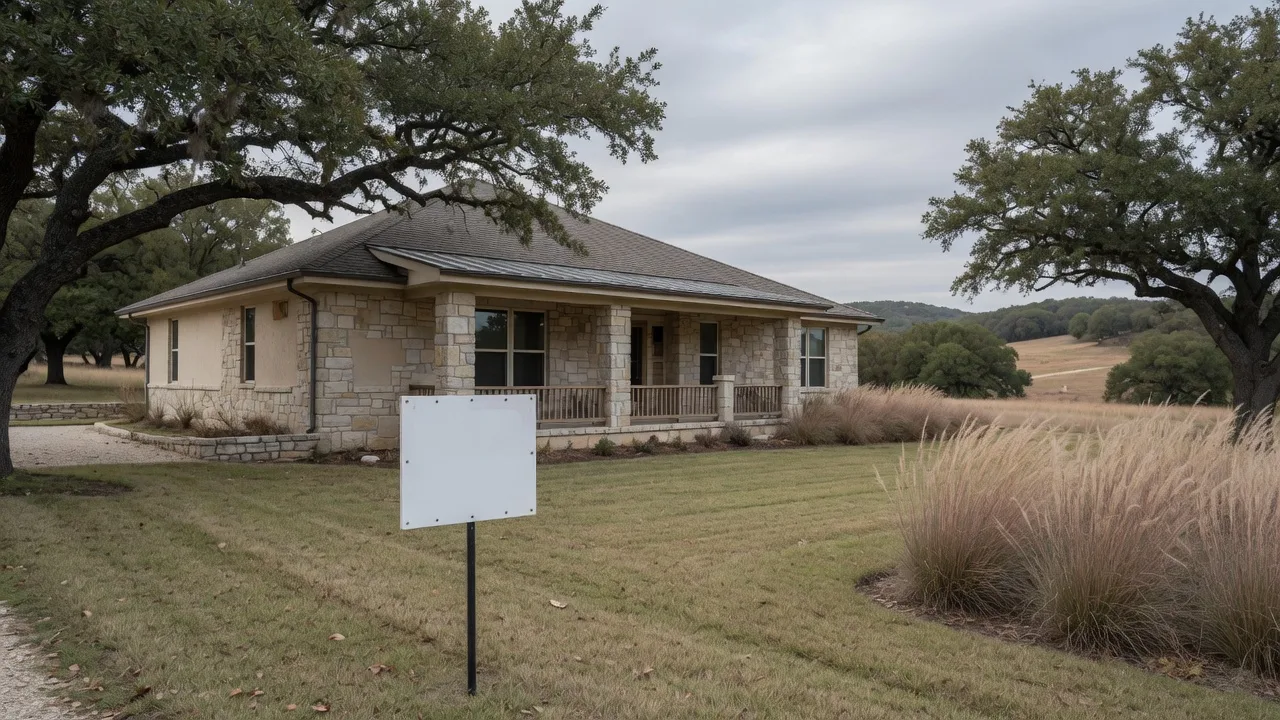 A Hill Country stone home with a for-sale sign under soft overcast light