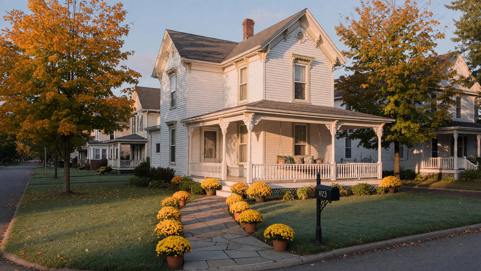 A classic white Victorian-style family home in Wilmington, Ohio on a clear September morning with golden mums along the front walk and early-autumn maples in the yard