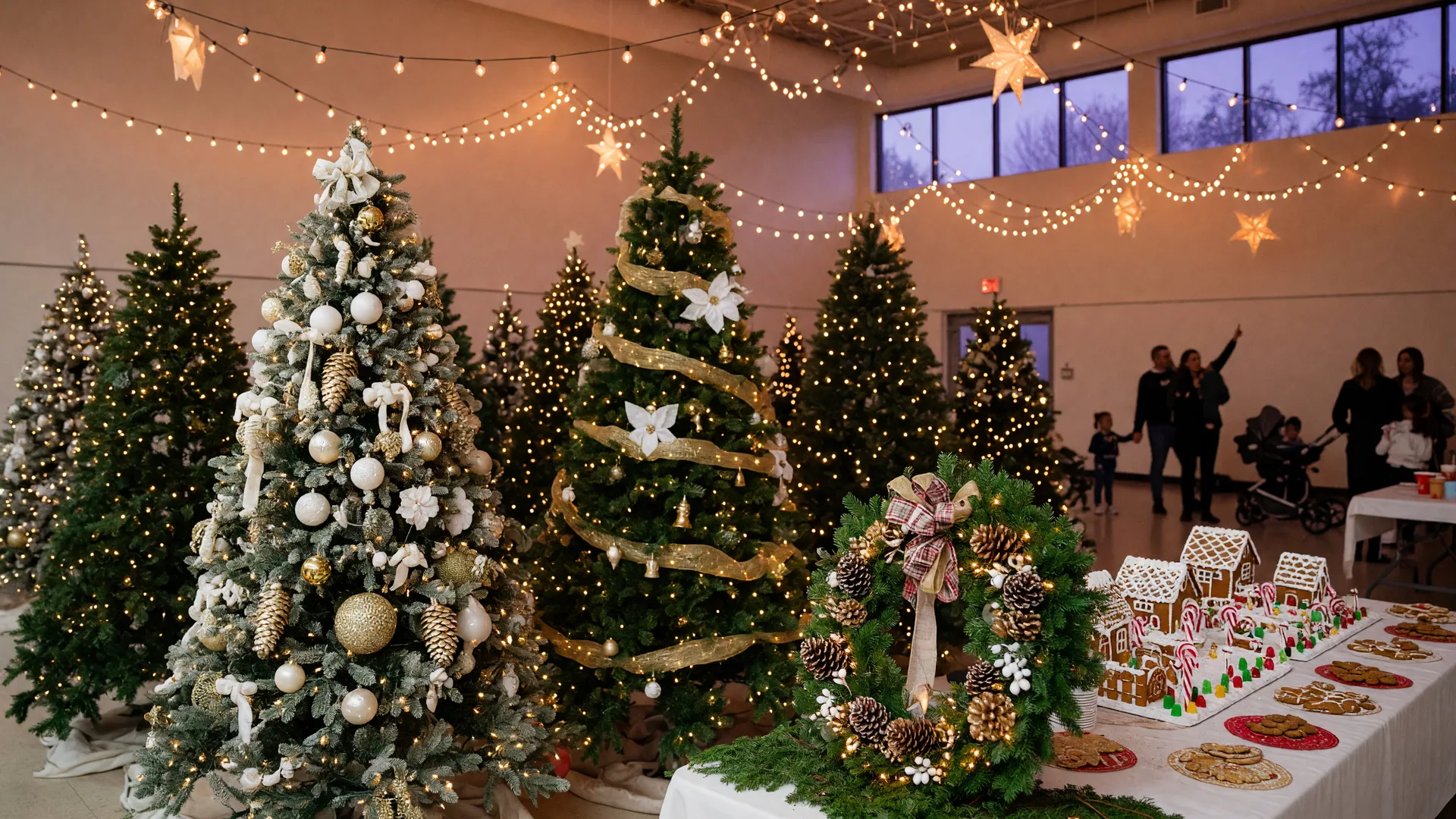 A festival of decorated Christmas trees with white and gold lights inside a community center at dusk