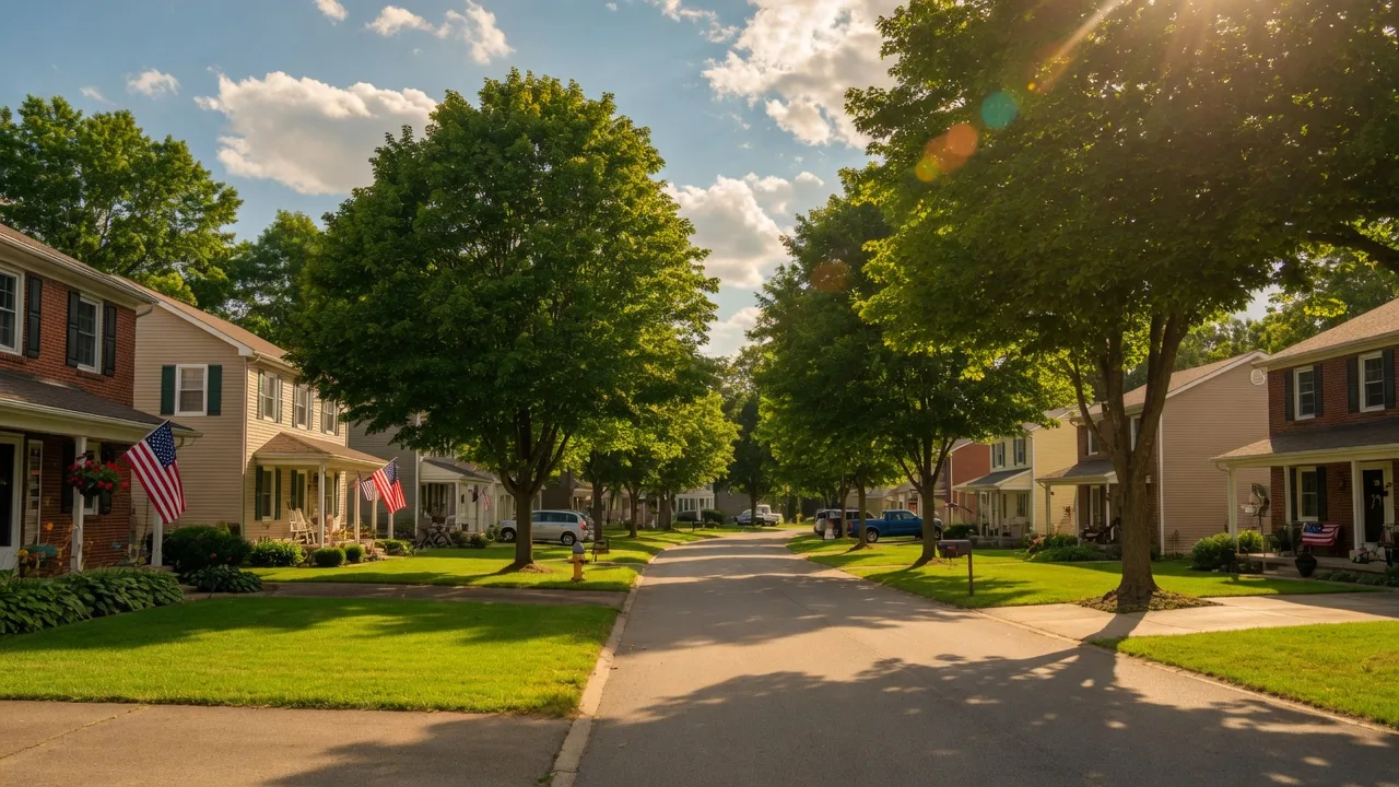 A sunny tree-lined residential street in Beavercreek, Ohio with well-maintained homes and green lawns