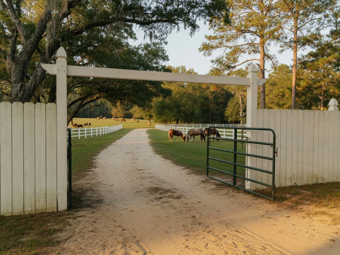 A wide farm entrance gate swung open on an Aiken horse property with a broad sandy driveway running between green paddocks toward distant pine woods
