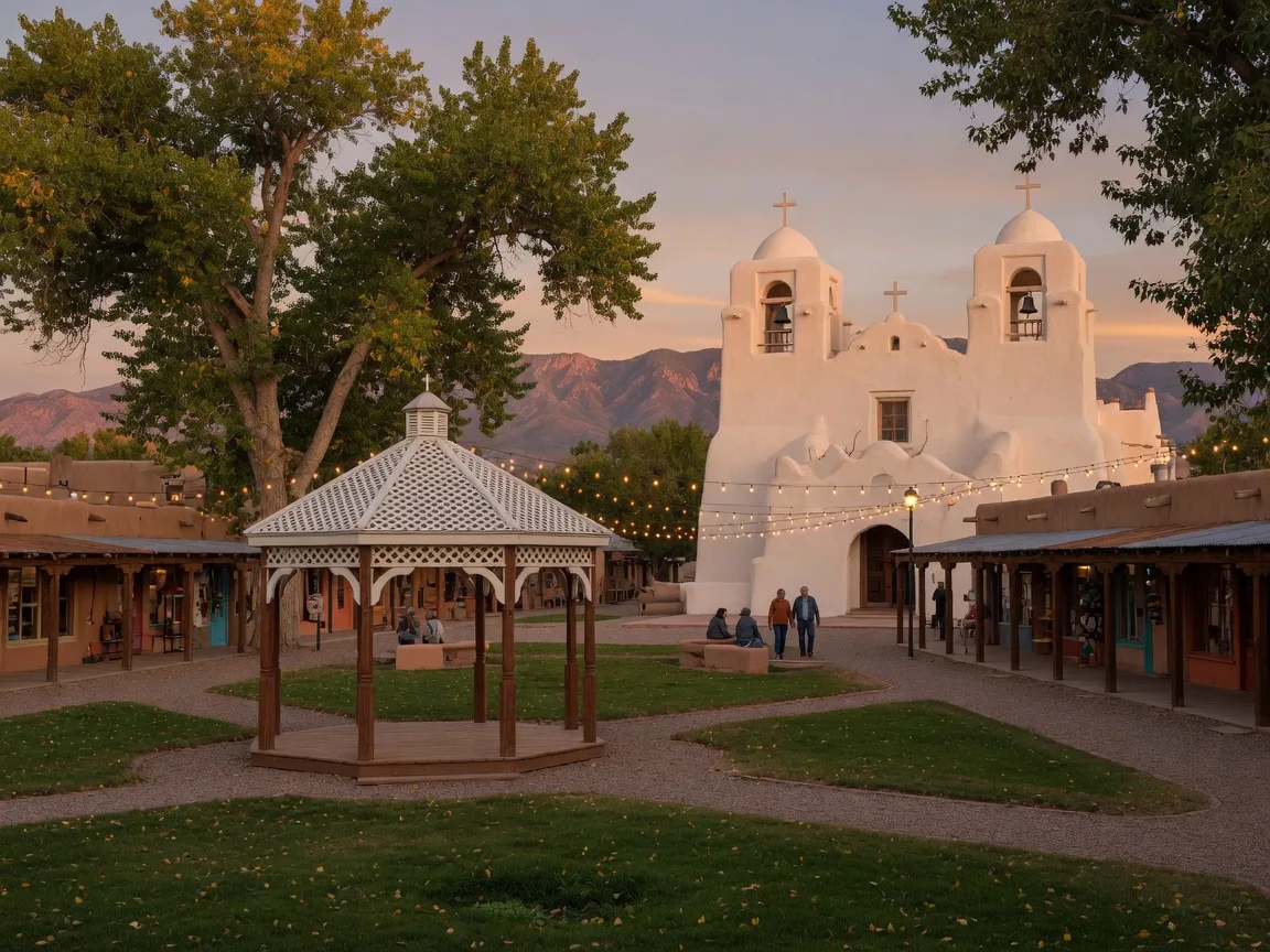 Old Town Albuquerque Plaza at dusk with San Felipe de Neri Church, glowing string lights, and cottonwoods
