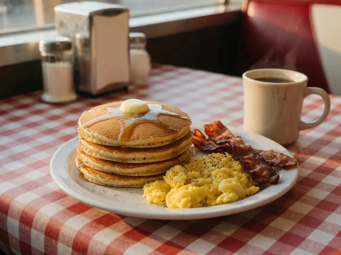 Stack of pancakes with butter, eggs, bacon, and a mug of coffee on a checkered tablecloth at a Branson diner