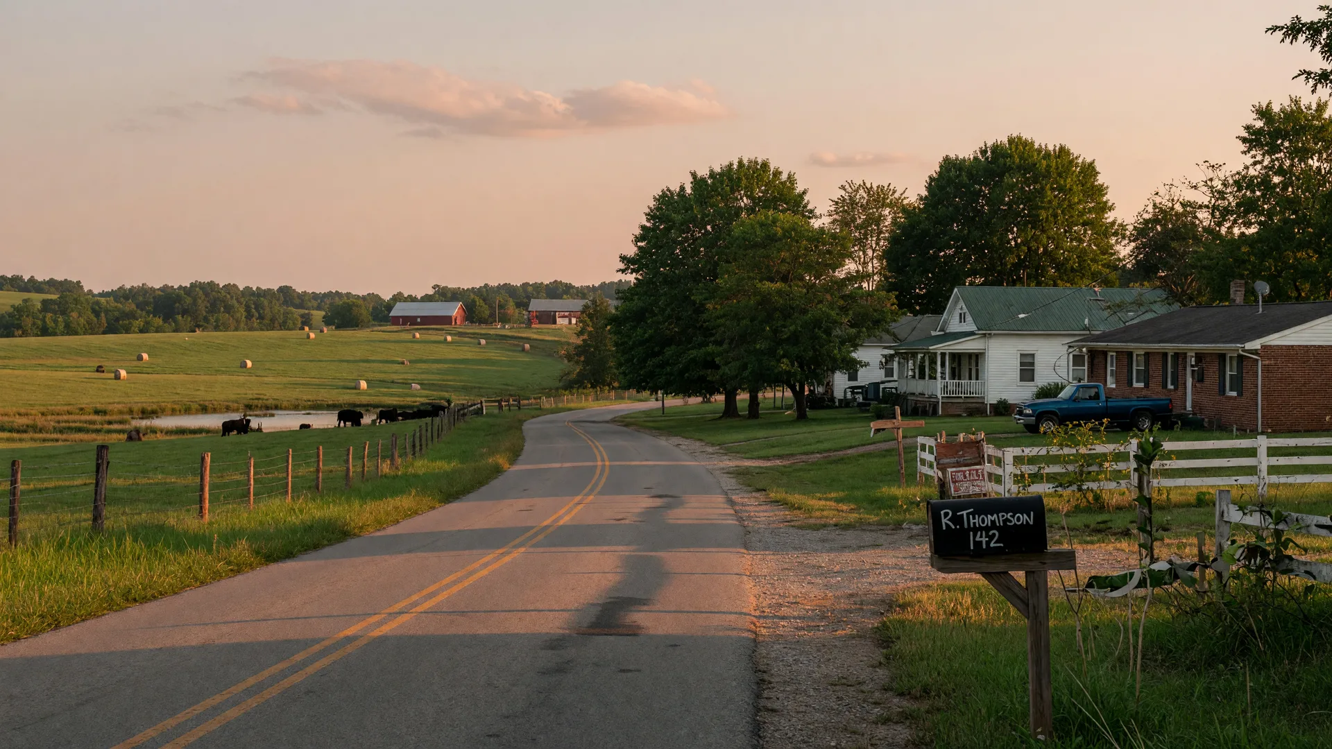 A quiet two-lane country road in South Central Kentucky with farmland on one side and family homes with trees on the other at golden hour
