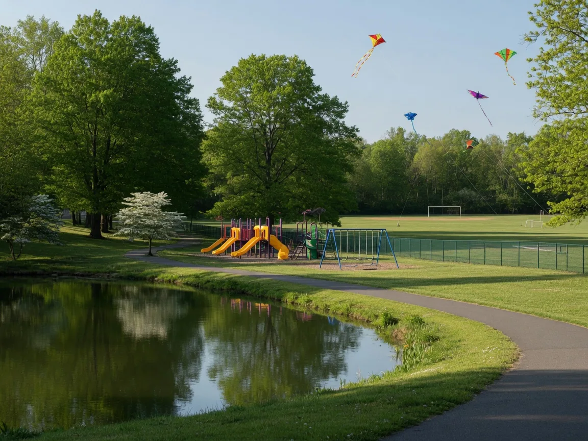 A leafy community park in Willingboro with a calm pond, a paved walking trail, playground equipment, and ball fields in the distance