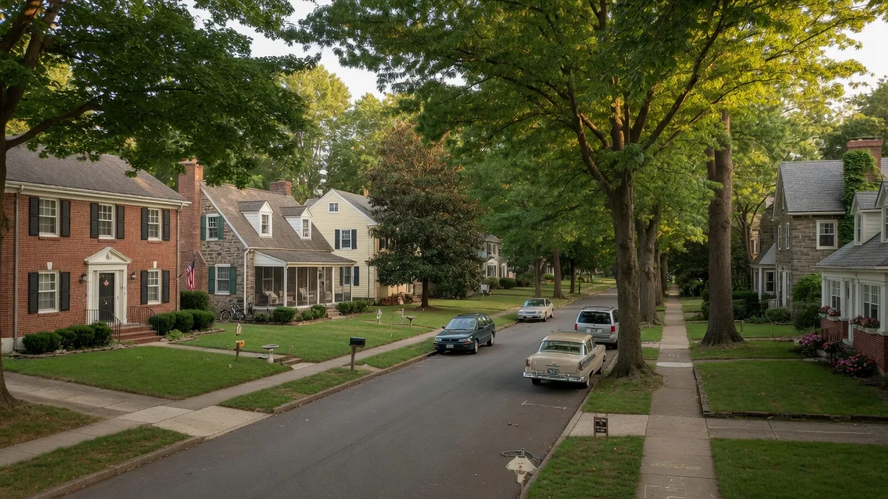 Quiet tree-lined residential street in Folsom, Pennsylvania with mid-century Colonial Revival and Cape Cod homes on a sunny afternoon