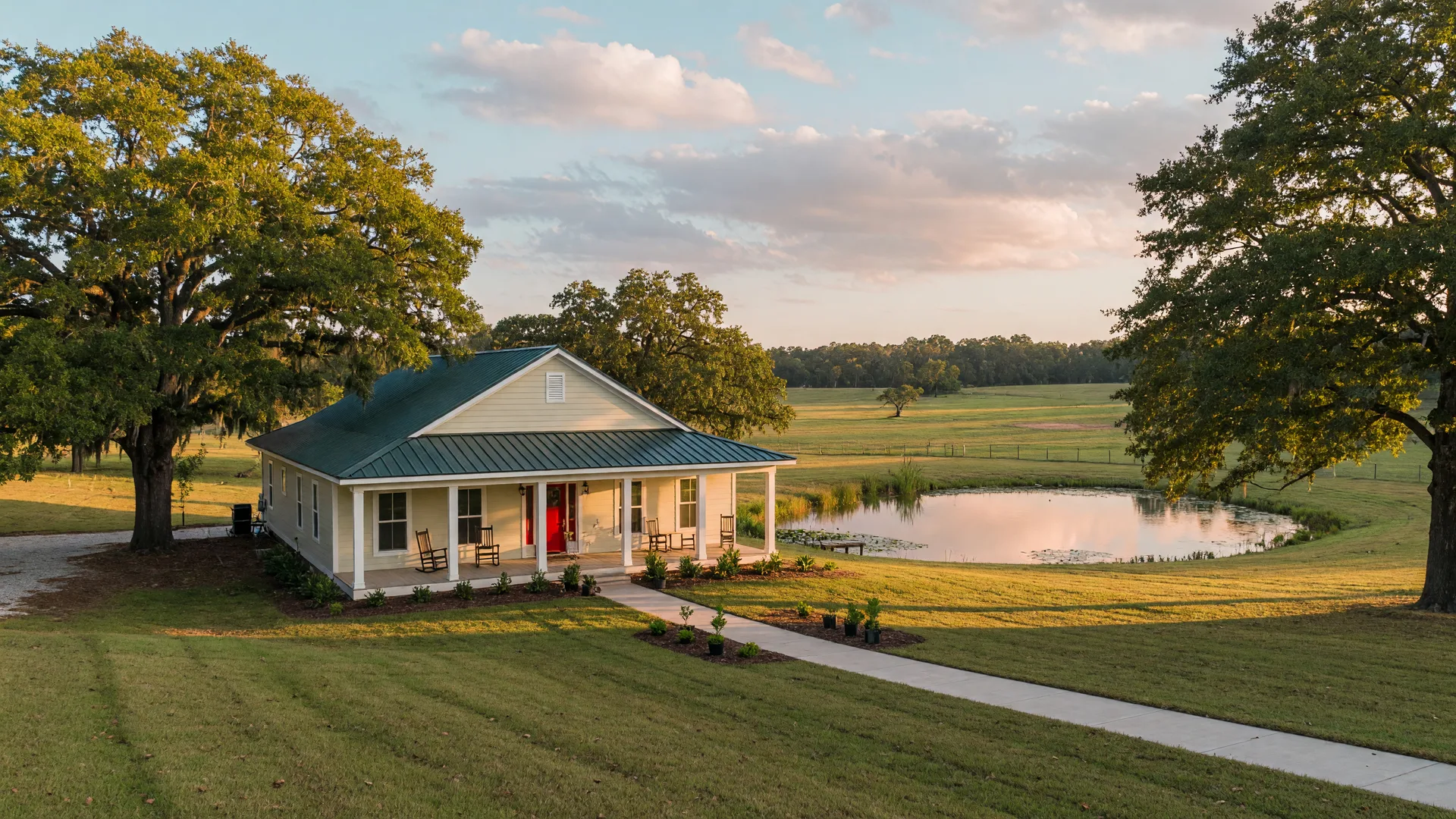 New farmhouse-style construction home on a grassy homesite in rural Northeast Texas with mature oak trees and a pond in late afternoon light