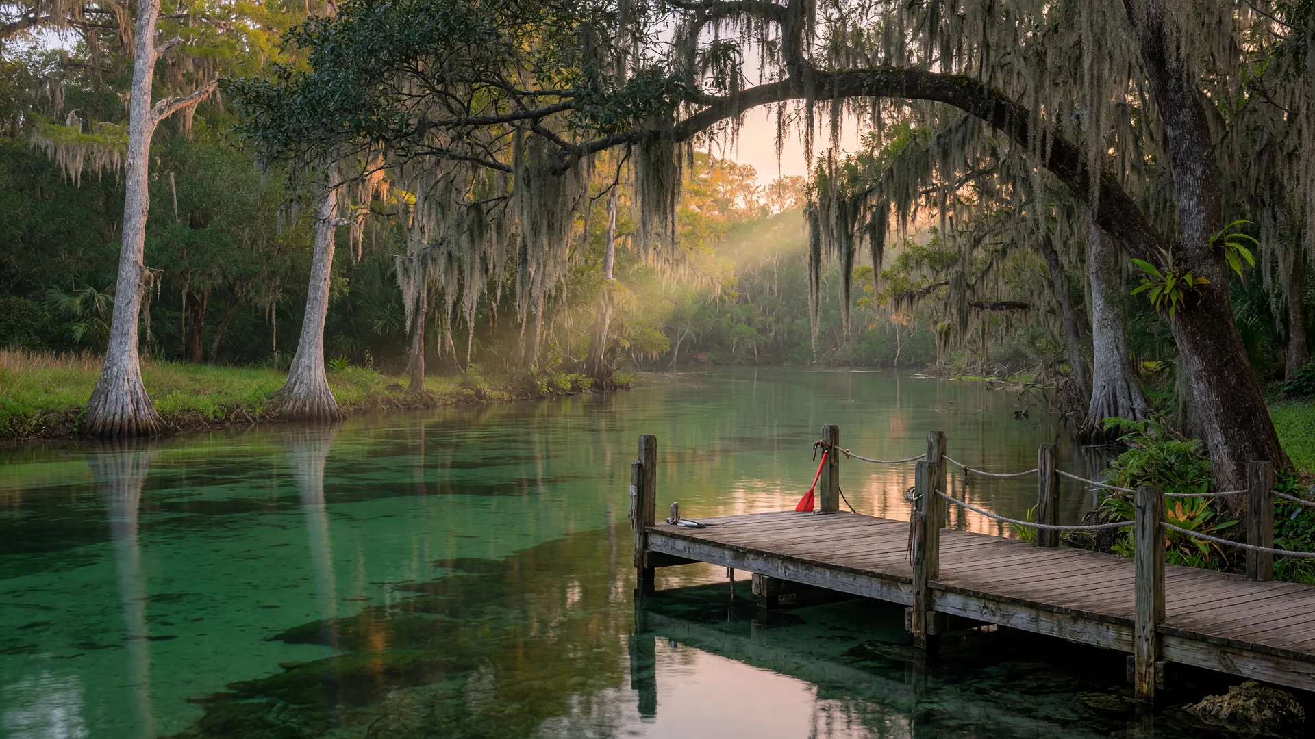 Crystal-clear spring-fed water of the Weeki Wachee River lined with cypress trees and Spanish moss ins soft morning light