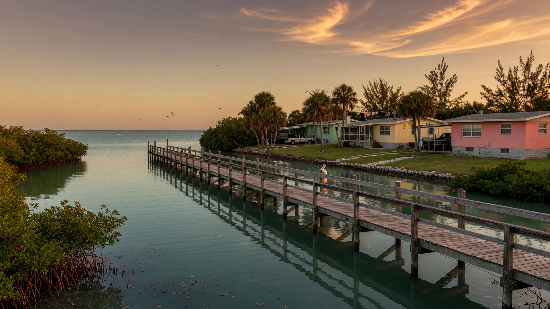 The Indian River Lagoon near Vero Beach at golden hour, with a wooden fishing dock reaching into calm teal water