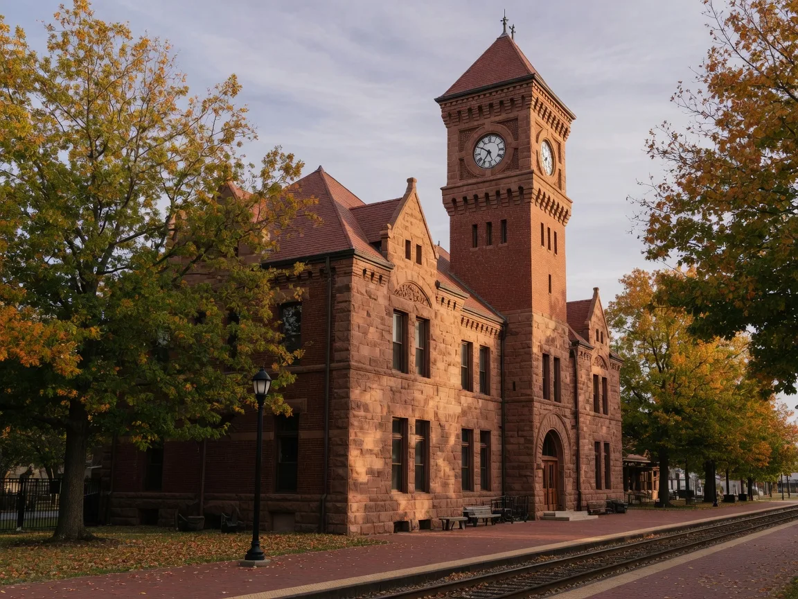 The historic Kirkwood, Missouri train station, a Romanesque red sandstone and brick building with a tall clock tower, framed by oak and maple trees in early autumn color