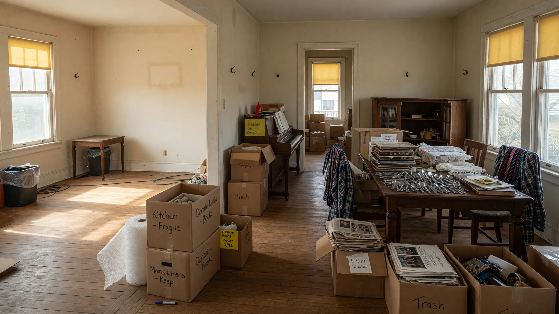 Half-cleared Maryland home during probate cleanout with sunlight streaming through windows, sorted boxes and emptied rooms