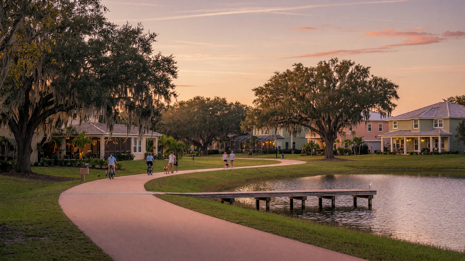 A paved trail curving past a calm lake and wooden boardwalk beneath moss-draped oaks in a Trinity, Florida neighborhood at golden hour