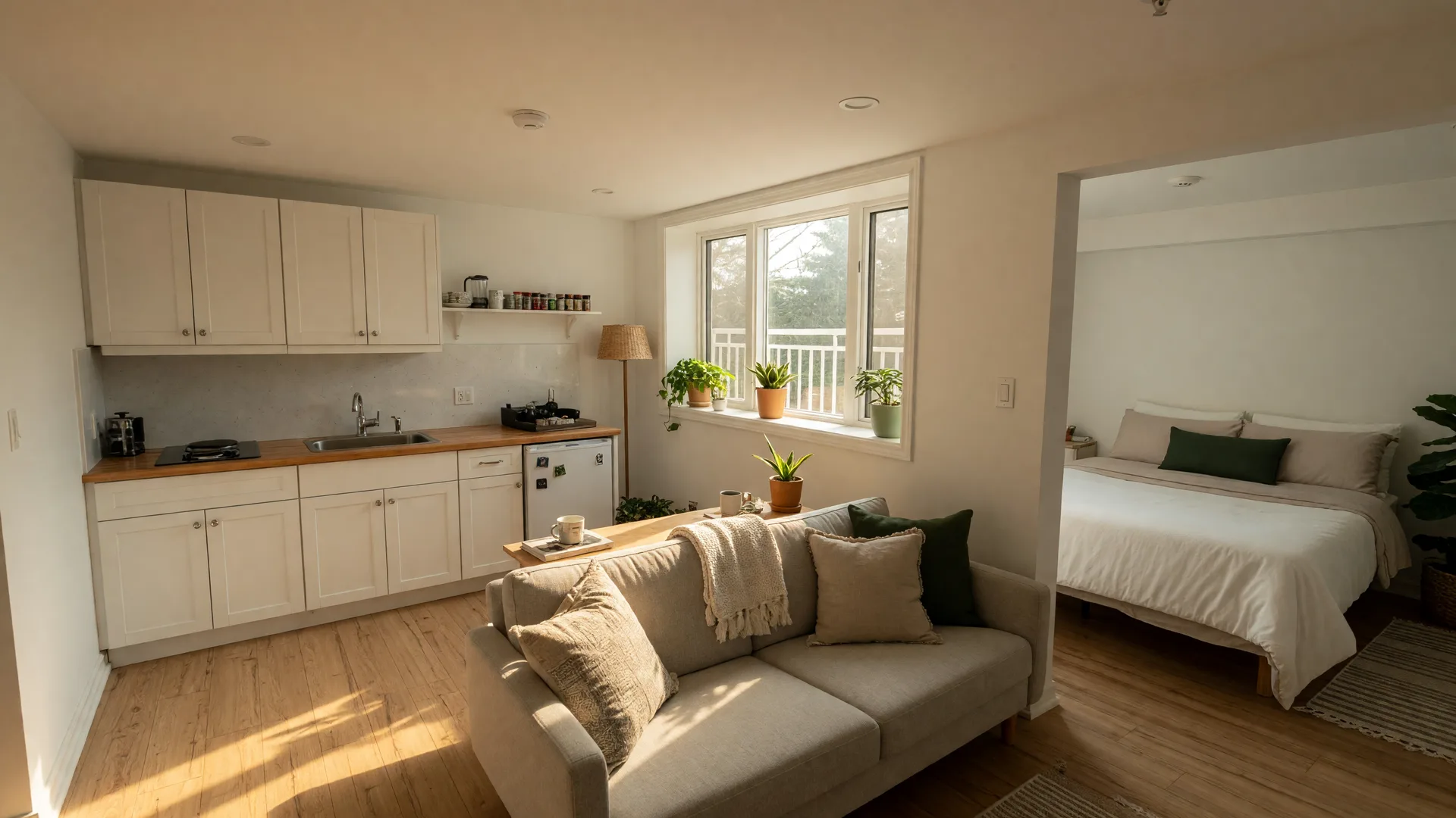 Bright, modern legal basement suite in a Hamilton Ontario home with a kitchenette, egress window, and warm afternoon light