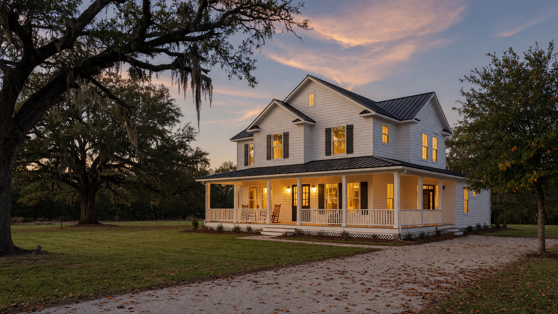 Newly built Texas farmhouse-style home near Brenham at dusk with warm lights glowing from the windows