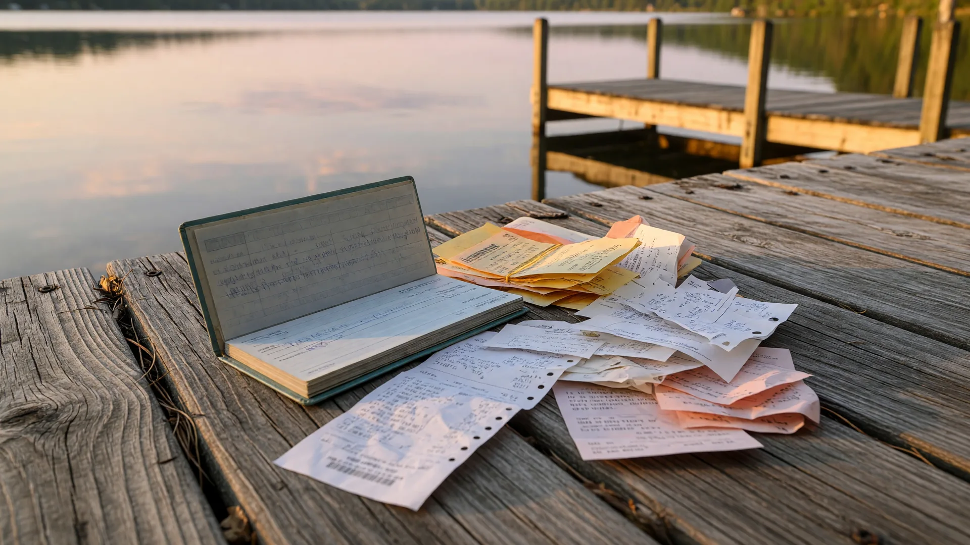 Financial planning documents on a lake dock