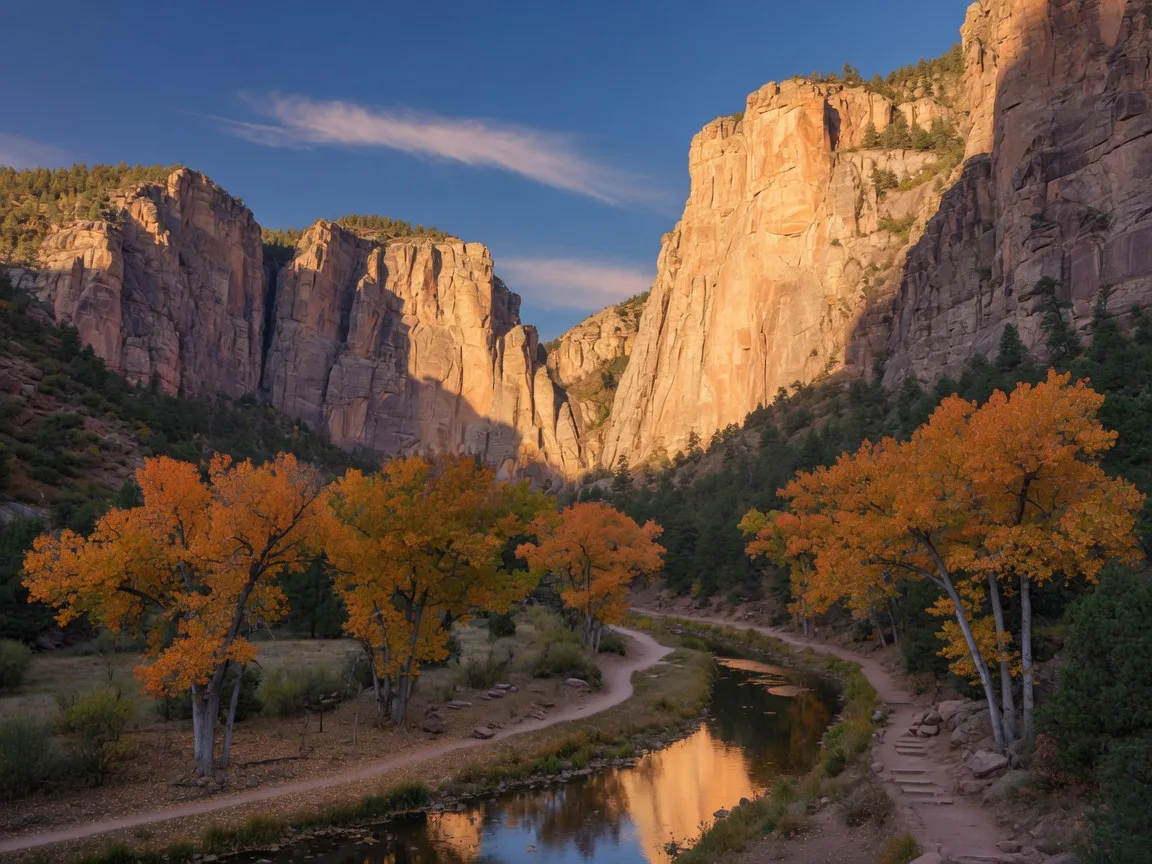 Eldorado Canyon State Park in early autumn with golden sandstone cliffs and amber cottonwoods along the creek