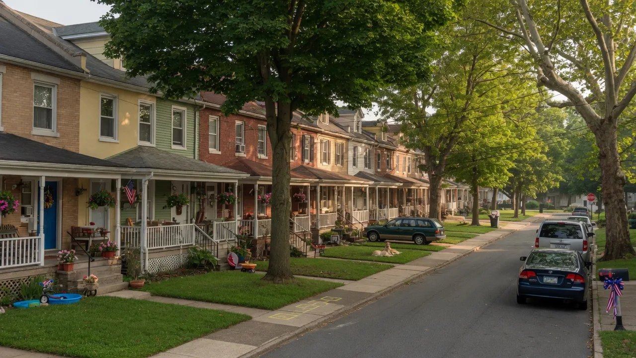 Quiet tree-lined residential street in Aldan, Pennsylvania with row houses and mature shade trees on a sunny summer morning
