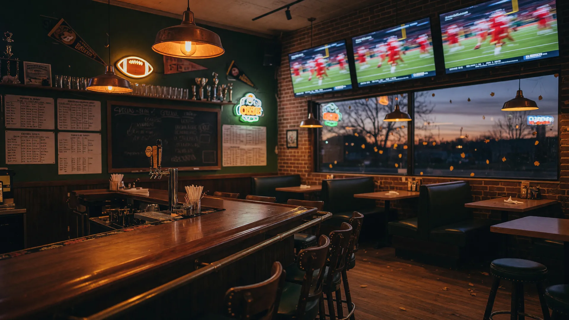 A warm Tulsa sports bar on a game-day evening, with glowing televisions along the wall, a long dark wood bar, and amber pendant lights over high-top tables