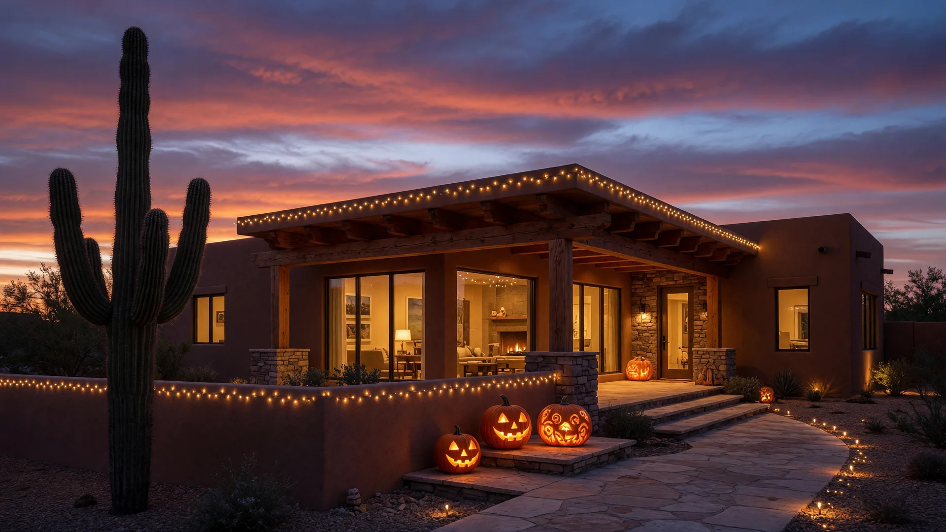 A high-end Phoenix home dressed with festive Halloween decorations and warm evening lights