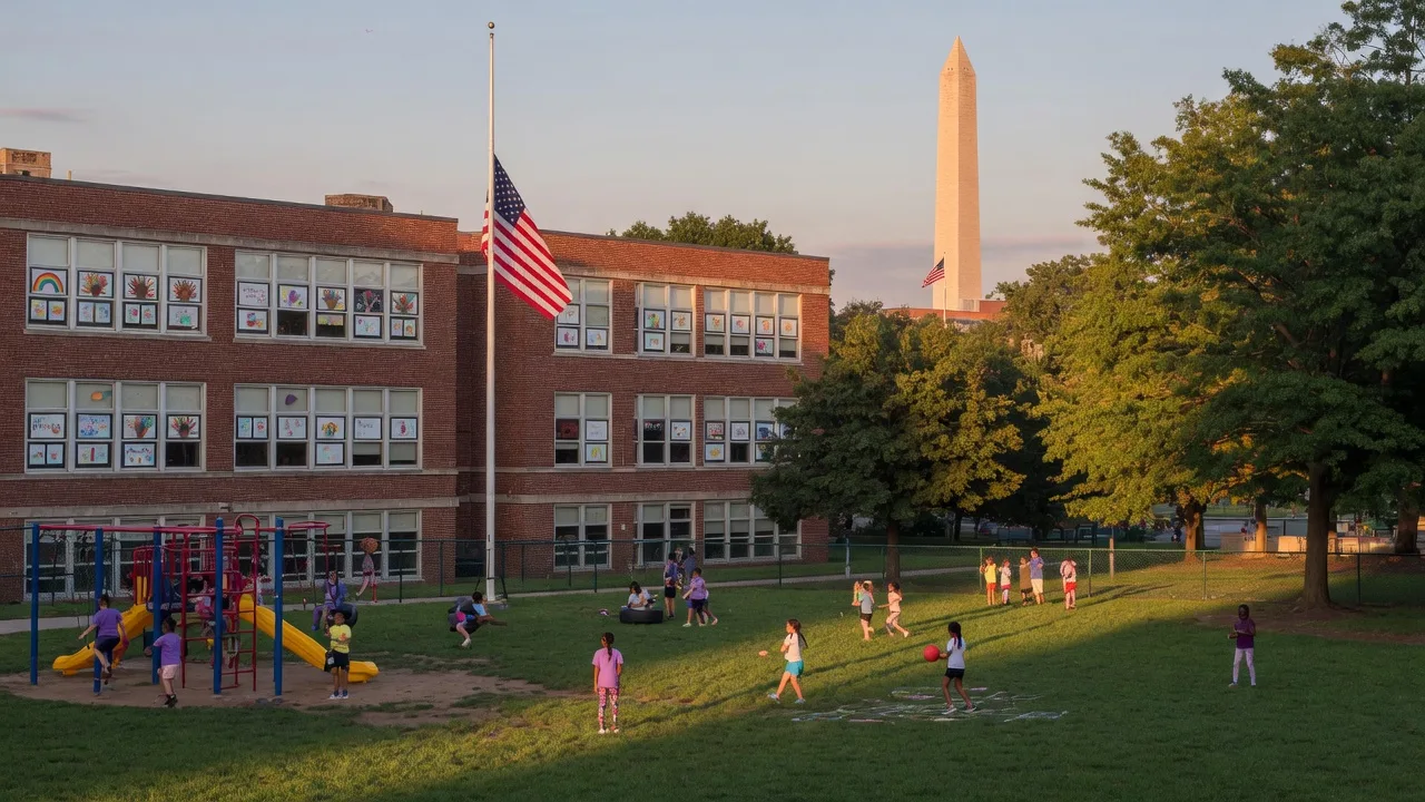 Elementary school in Washington, DC with playground and the Washington Monument in the distance