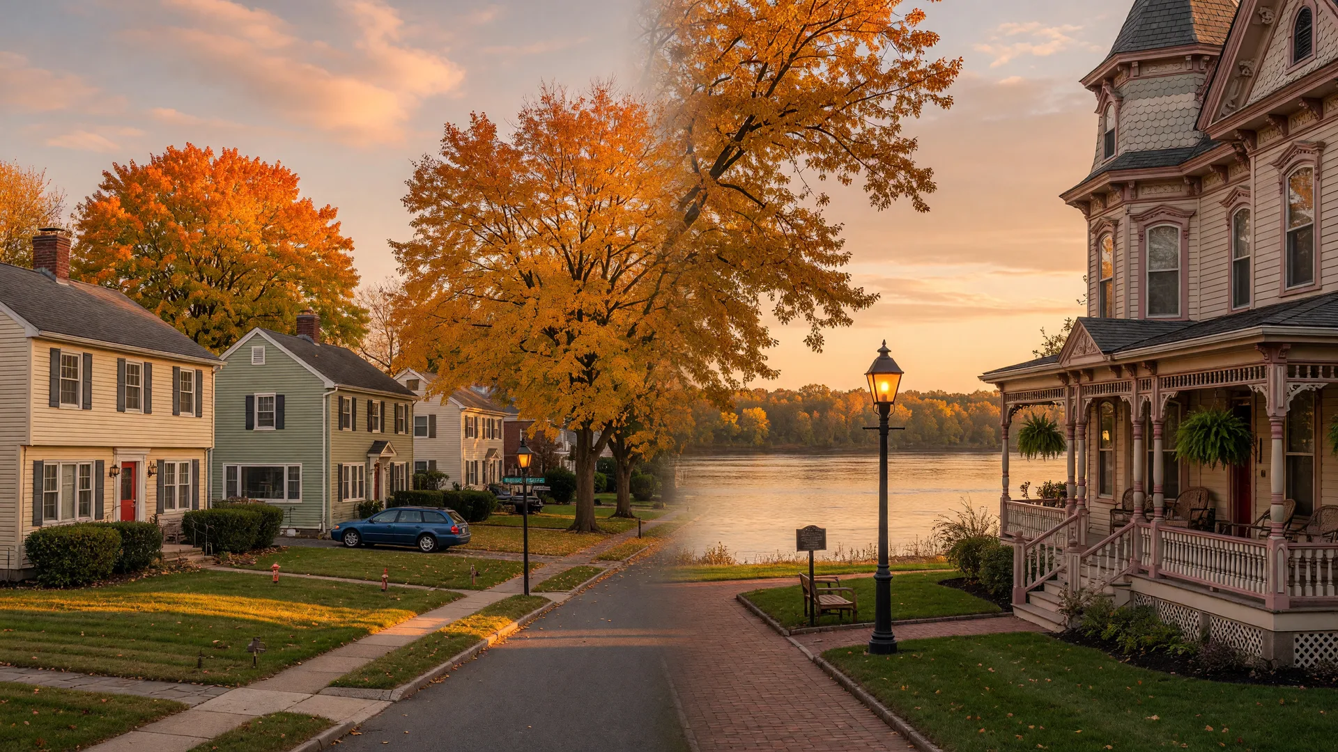 Split scene comparing a tree-lined autumn residential street in Cinnaminson New Jersey and a Victorian house with a glowing gas lamp in historic Riverton New Jersey at golden hour