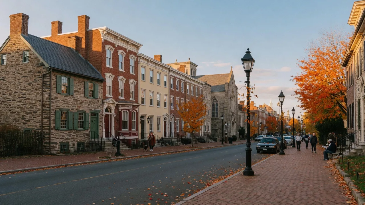 Historic Germantown Avenue with 18th and 19th century stone and brick buildings