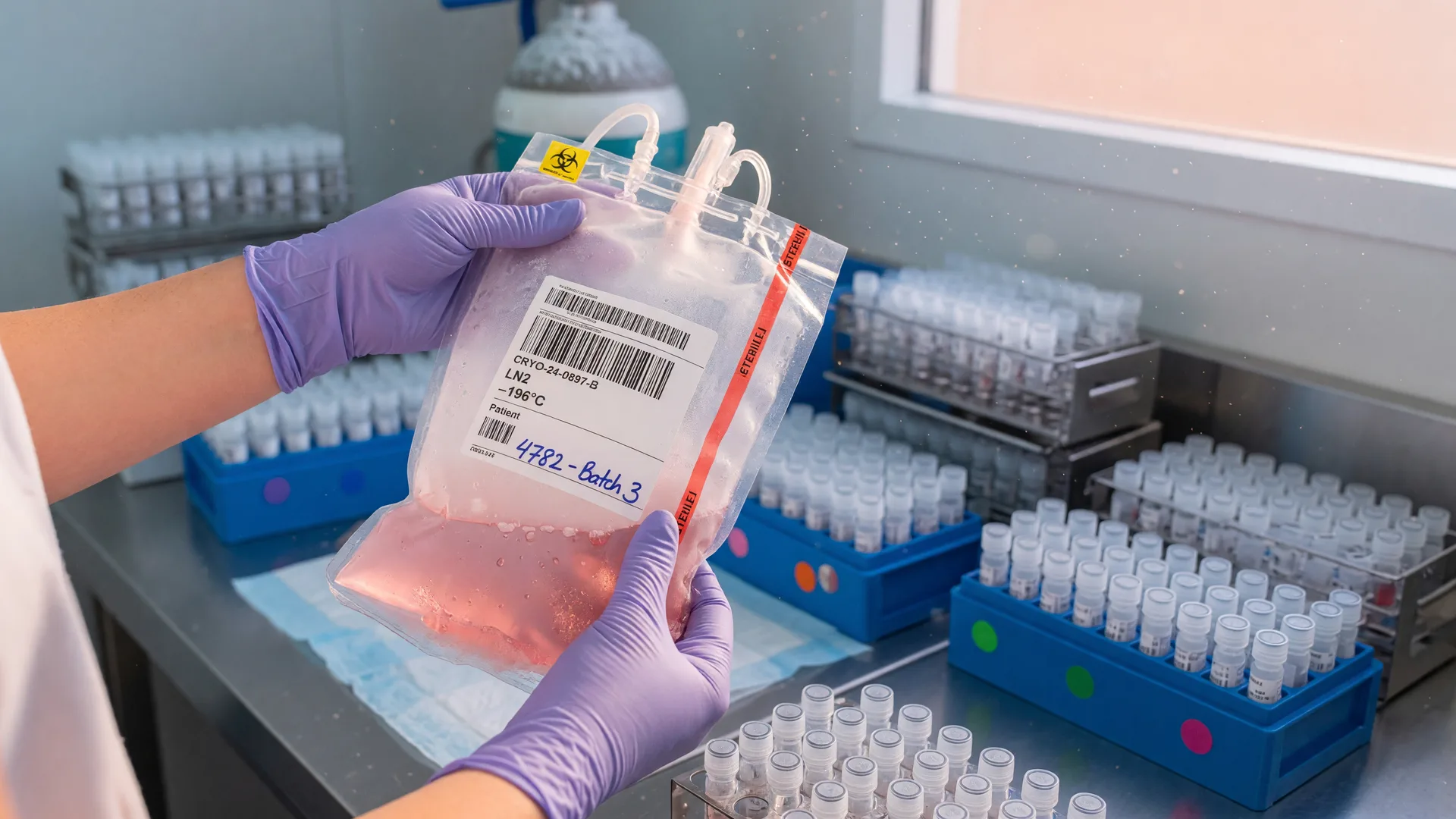 A gloved technician's hands holding a sealed sterile cryogenic storage bag in a modern cell therapy laboratory, with racks of frozen cell vials softly blurred in the background