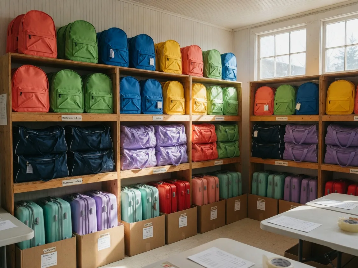 Rows of brand-new backpacks, duffel bags, and small suitcases in cheerful colors stacked on wooden shelving in a volunteer packing room