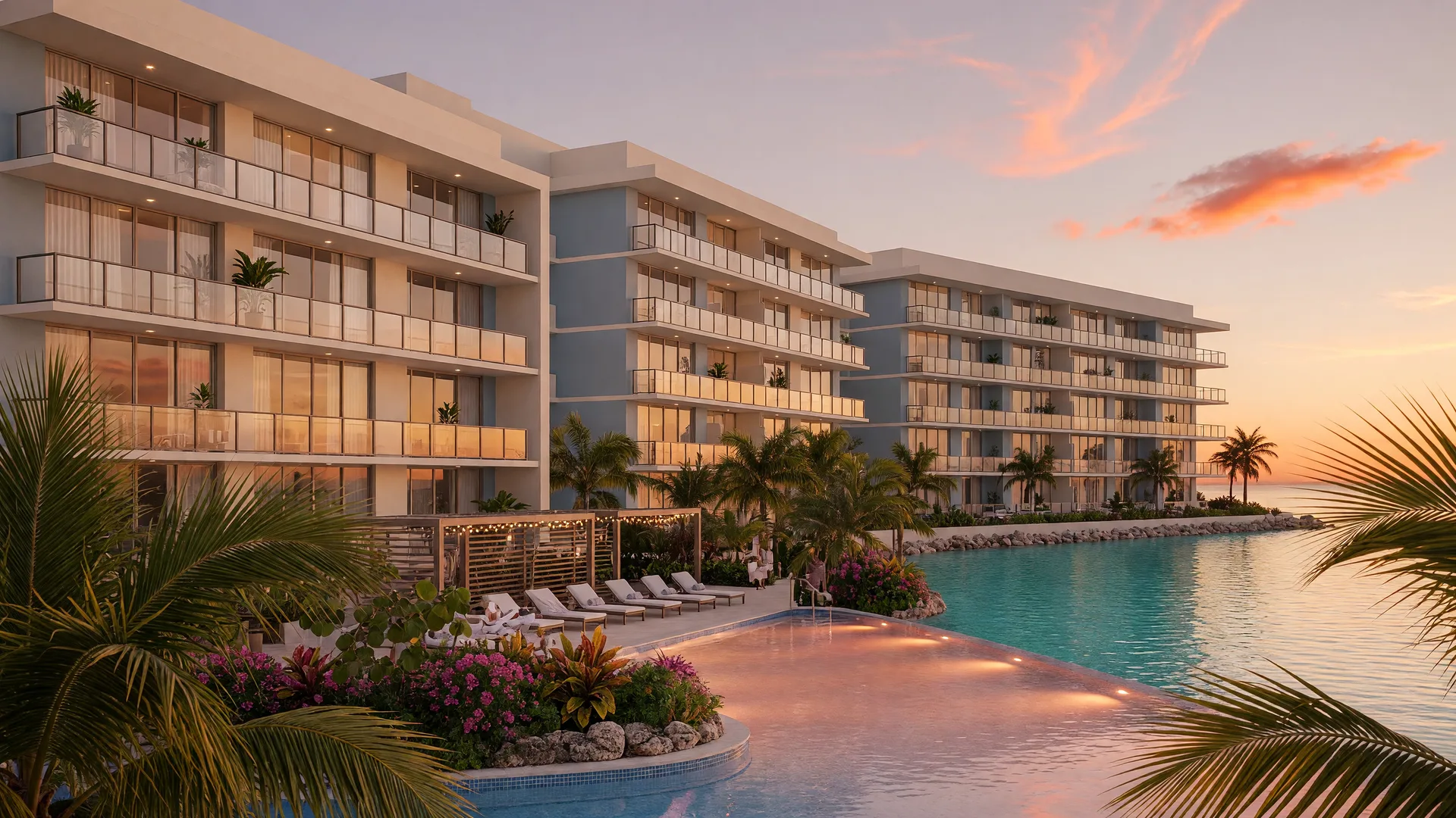 Modern luxury waterfront condominium building in Sarasota at golden hour with tropical landscaping and glass balconies