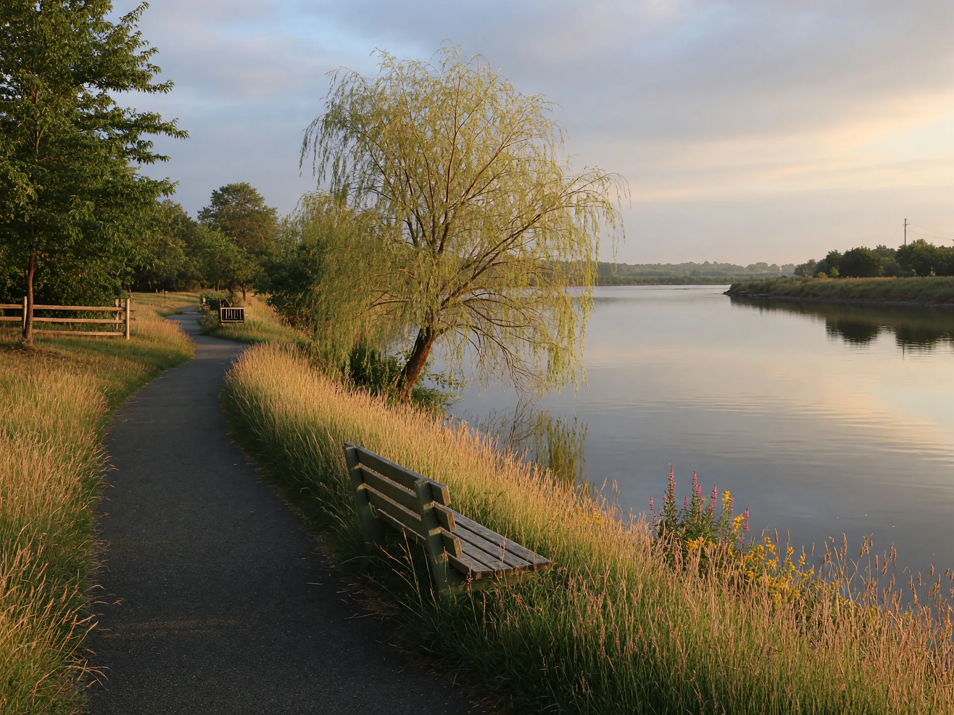 A peaceful riverside park along the Delaware River in Fieldsboro, Burlington County, New Jersey