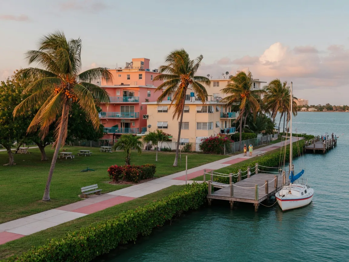 A bayfront waterway at late afternoon, with a shoreline walking path, leaning palms, and calm teal water