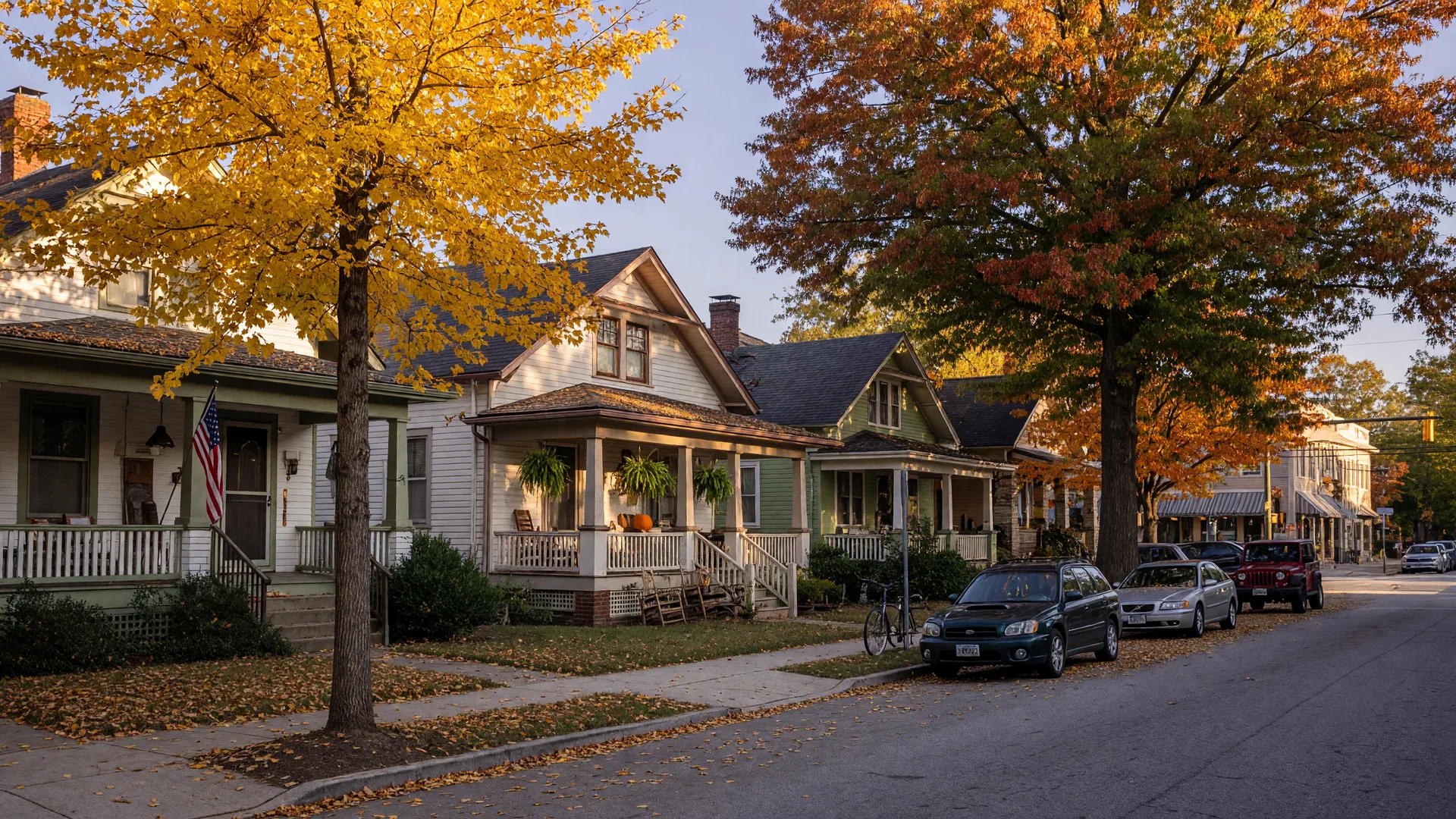 Tree-lined street in Virginia-Highland with historic Craftsman bungalows and autumn leaves