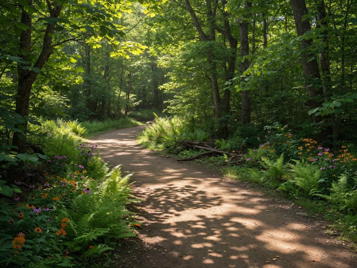 Wide forest hiking trail through South Mountain Reservation in West Orange NJ with dappled sunlight filtering through the dense green canopy and wildflowers along the path on a summer afternoon