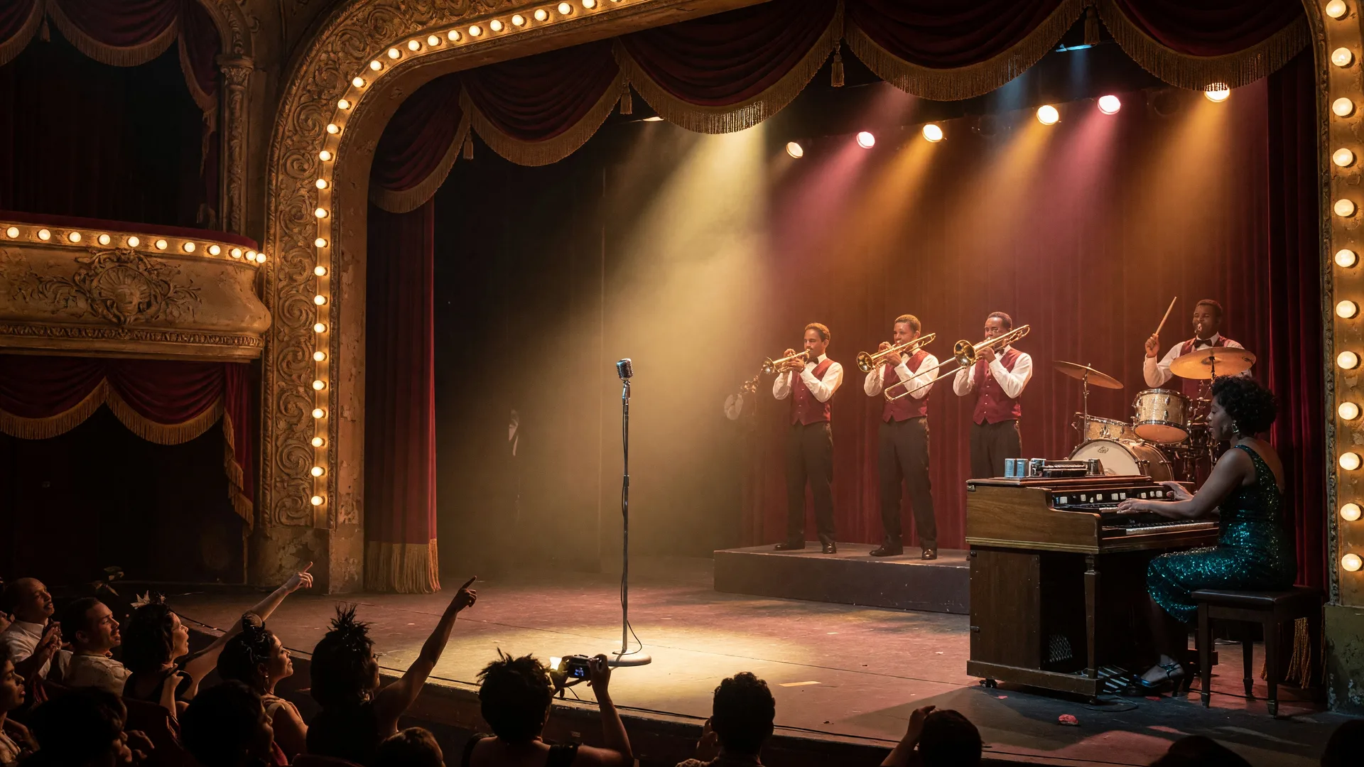 A soul and Motown tribute band with brass horns and a vintage microphone on a historic theater stage under warm golden spotlights