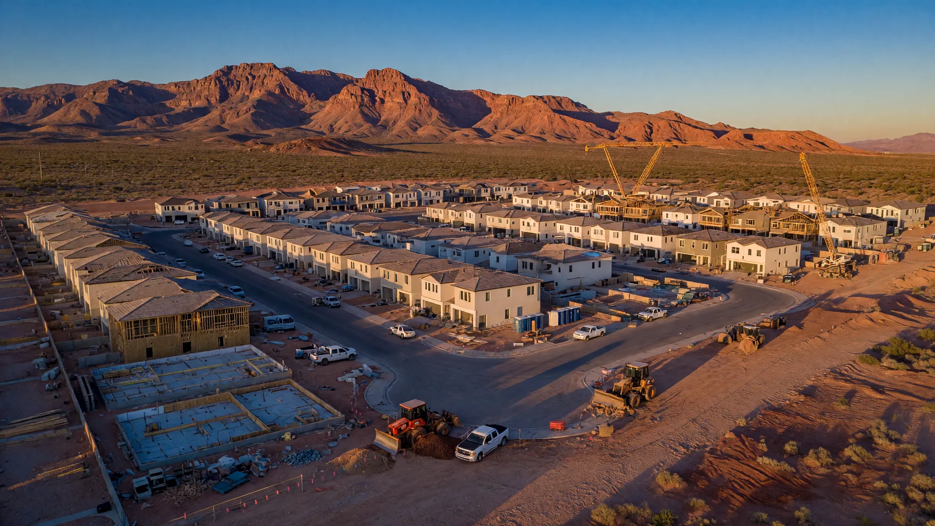 Aerial view of a Las Vegas master-planned community under construction with new homes and earth-moving equipment