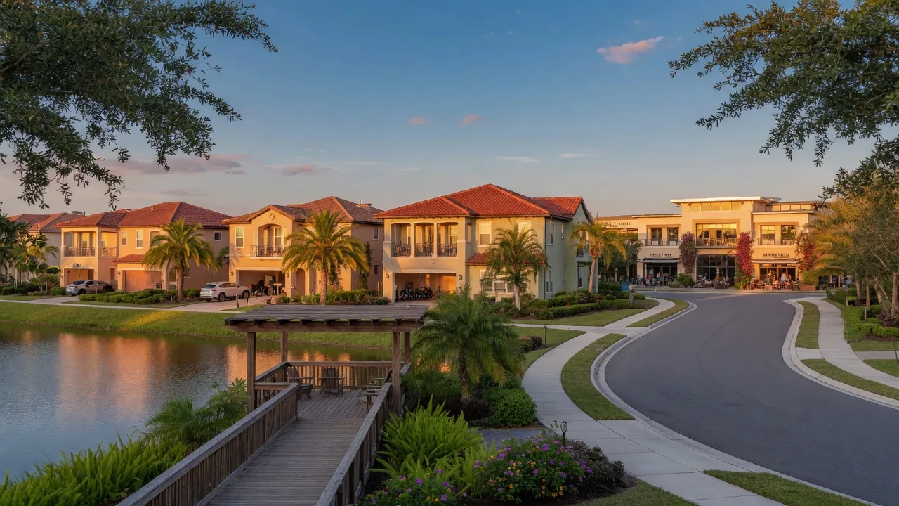 A modern Lake Nona streetscape at golden hour with a lake, boardwalk, and palm-lined homes.