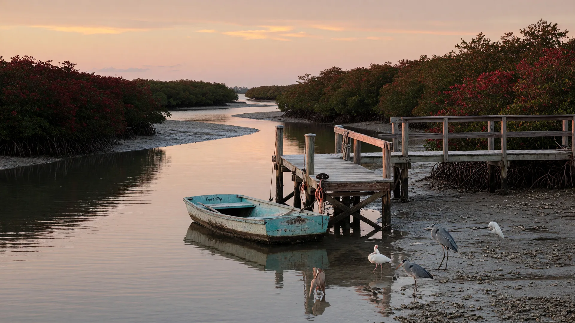 Tavernier Creek at dawn in the Florida Keys, a calm tidal waterway lined with mangroves where a weathered wooden skiff drifts past a rustic dock and wading birds stand on the flat, soft pink and gold light